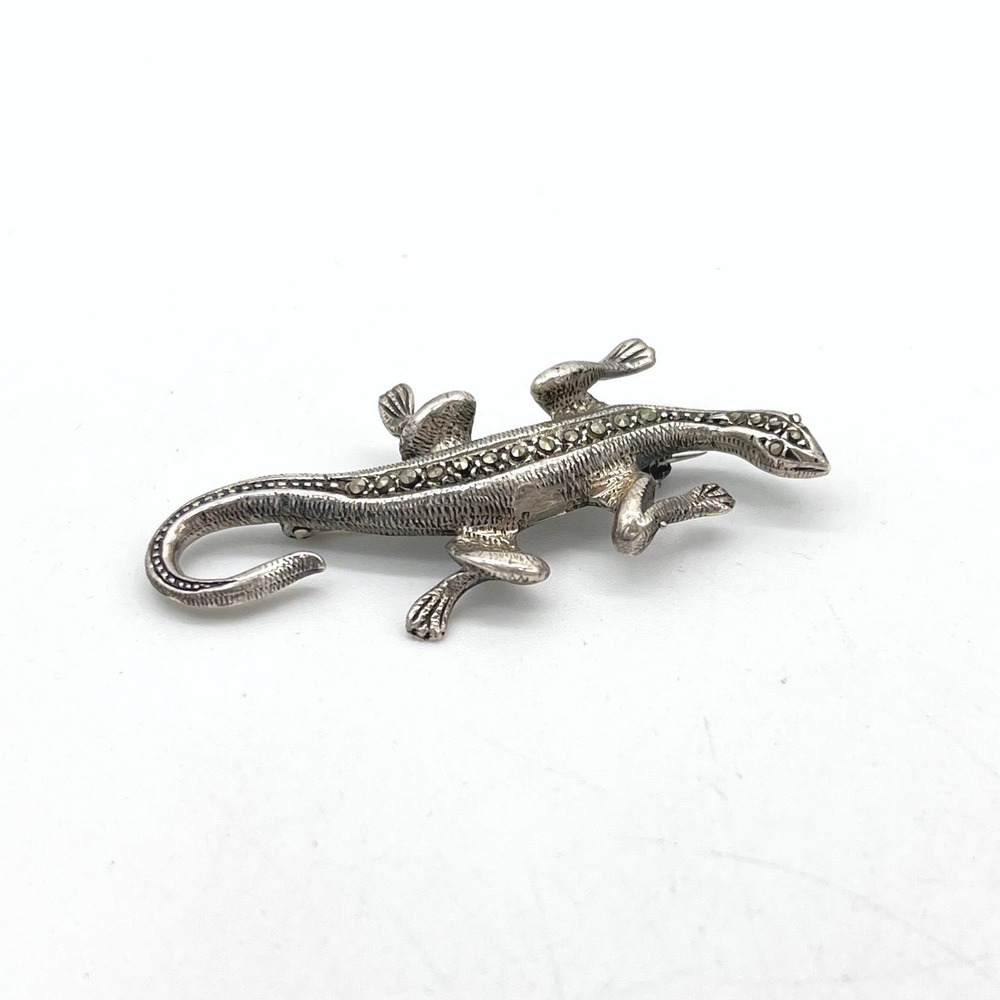 Vintage 925 Sterling Silver Marcasite Lizard Brooch Reptile Pin 2 Inch
